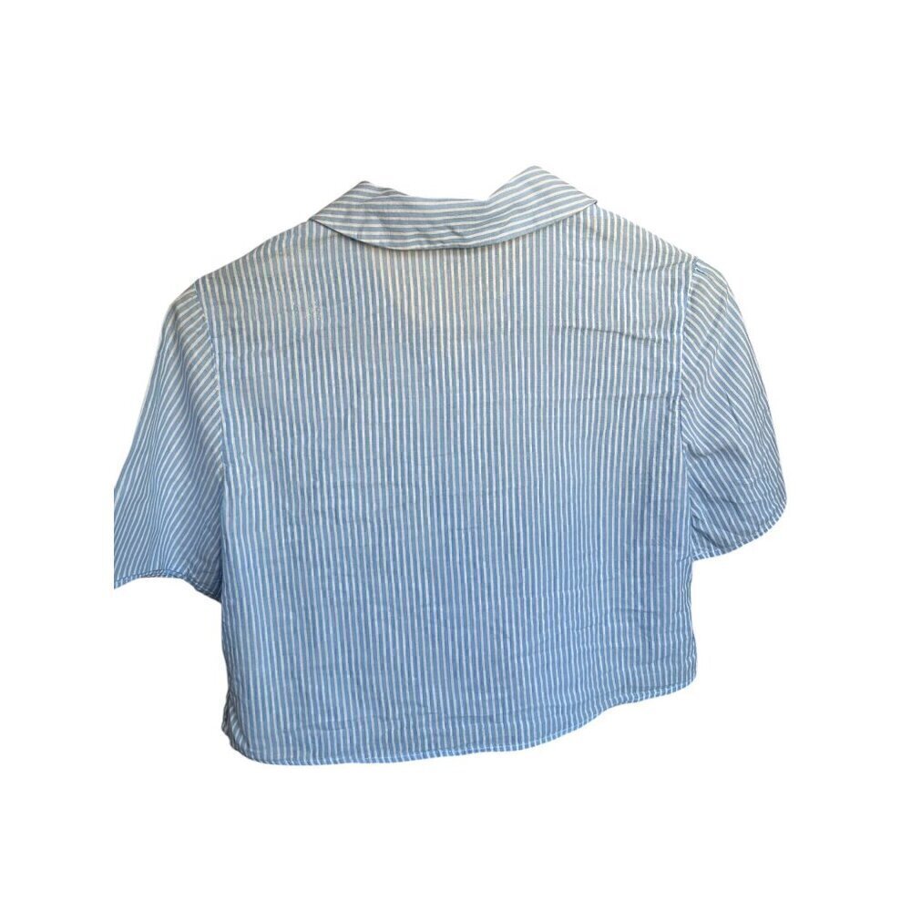 H&M Cropped Blue & White Striped Button-Up Shirt, 100%COTTON, SEMI SHEER, BEACH, - Picture 3 of 4